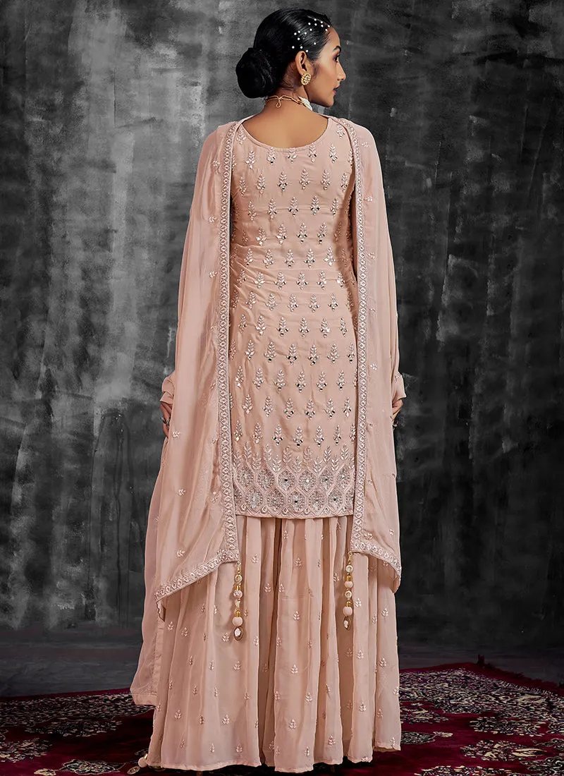Badami Peach Mirror Work Embroidery Georgette Gharara Suit