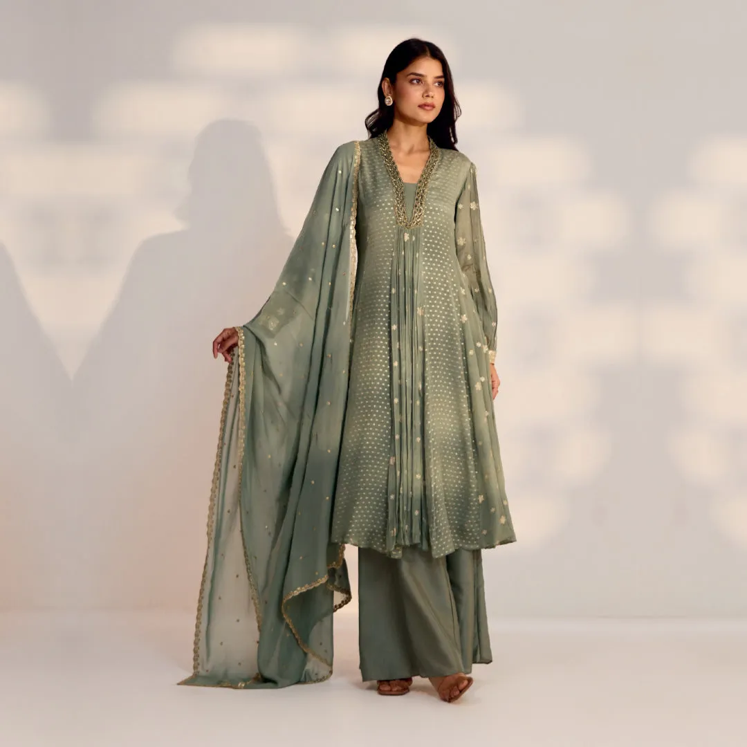 Basil Green Pleated Long Kurta and Palazzo Set
