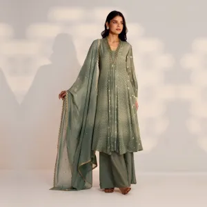 Basil Green Pleated Long Kurta and Palazzo Set