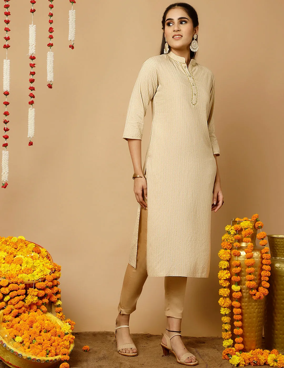 Beige Zari Work Striped Straight Kurta