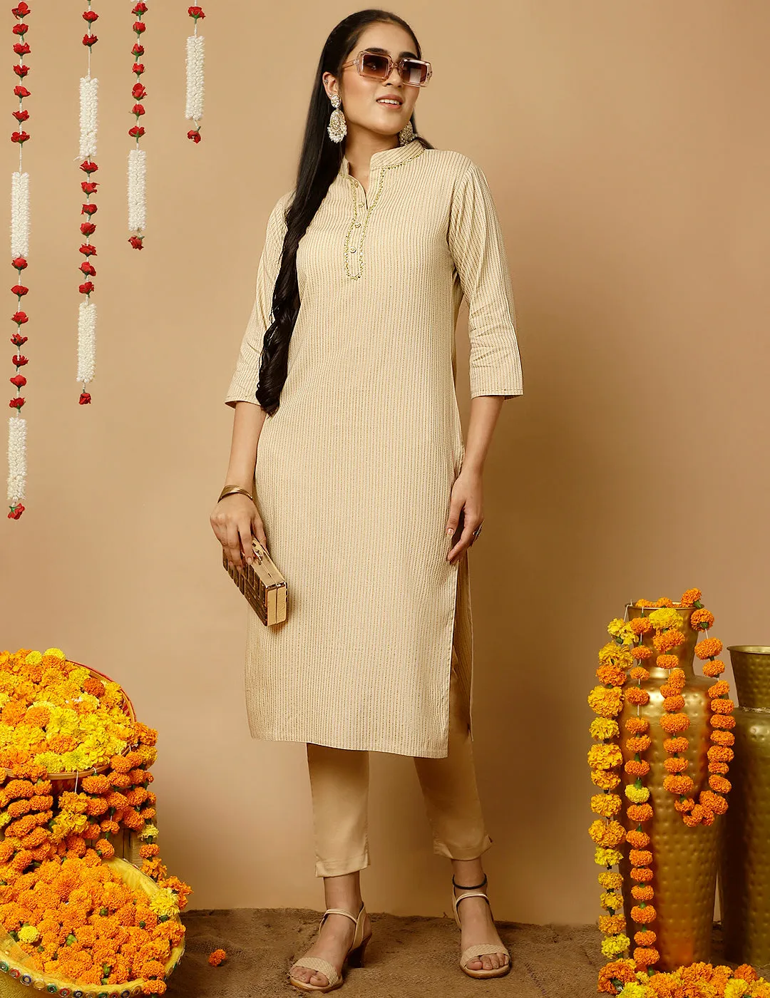 Beige Zari Work Striped Straight Kurta
