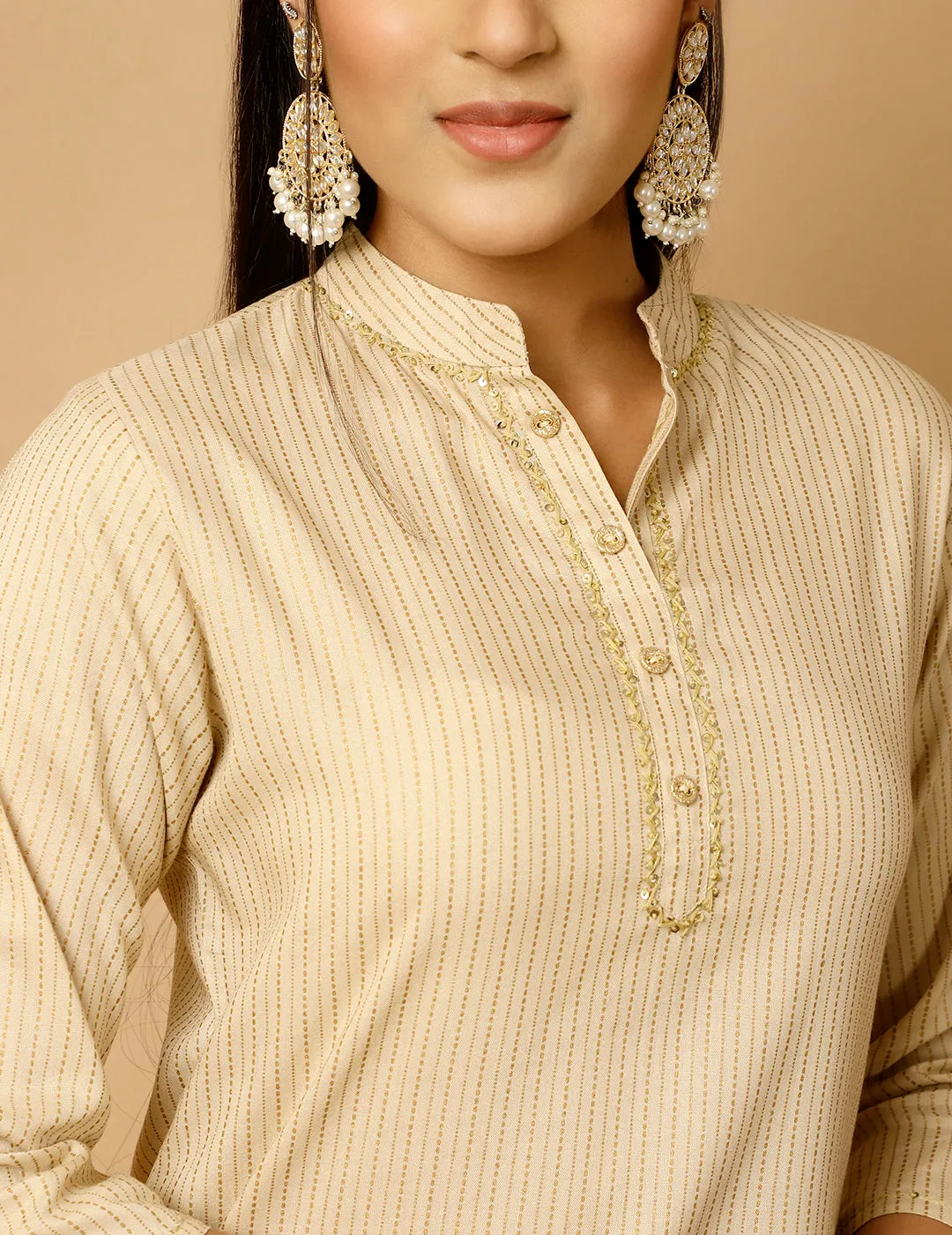 Beige Zari Work Striped Straight Kurta