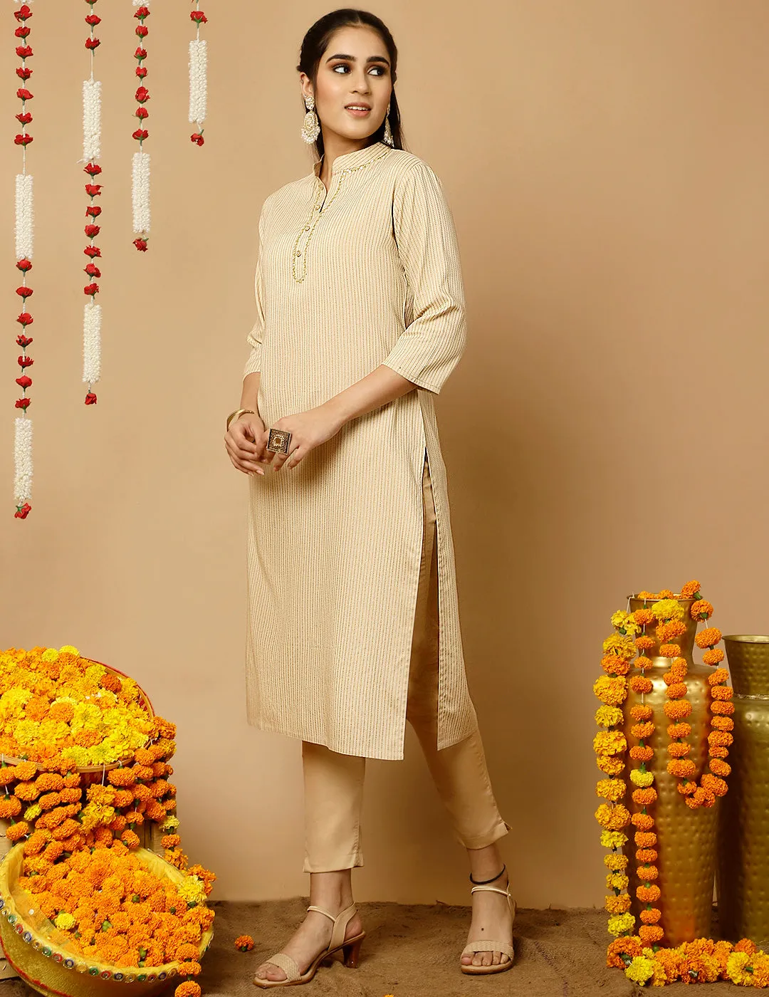 Beige Zari Work Striped Straight Kurta