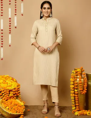 Beige Zari Work Striped Straight Kurta