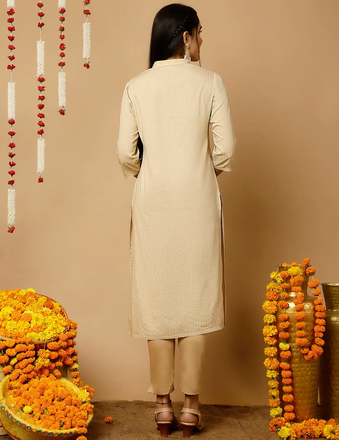 Beige Zari Work Striped Straight Kurta