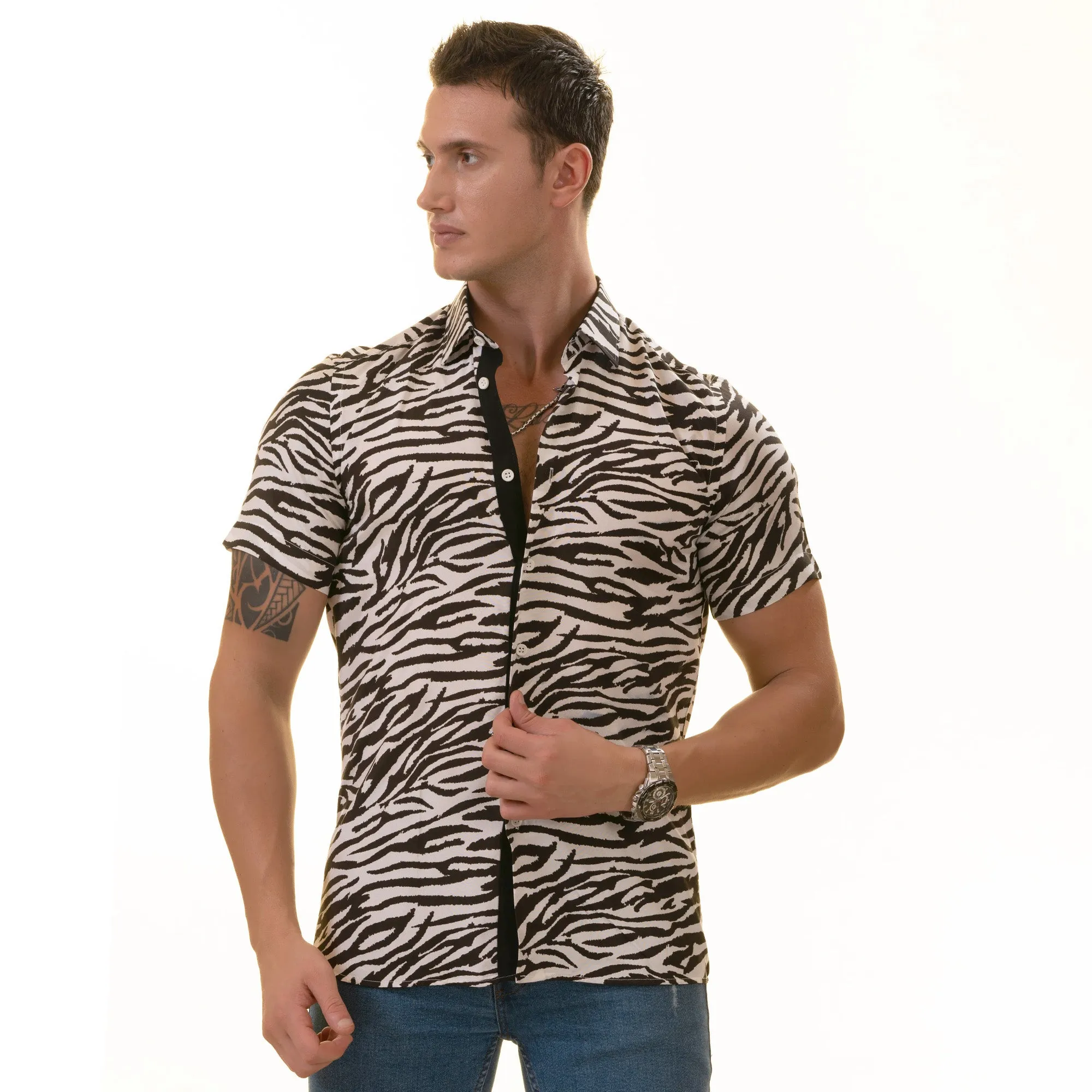 Black & White Zebra Shirt  Designer Paisley  Short Sleeve Button up Shirts - Tailored Slim Fit Cotton Dress Shirts