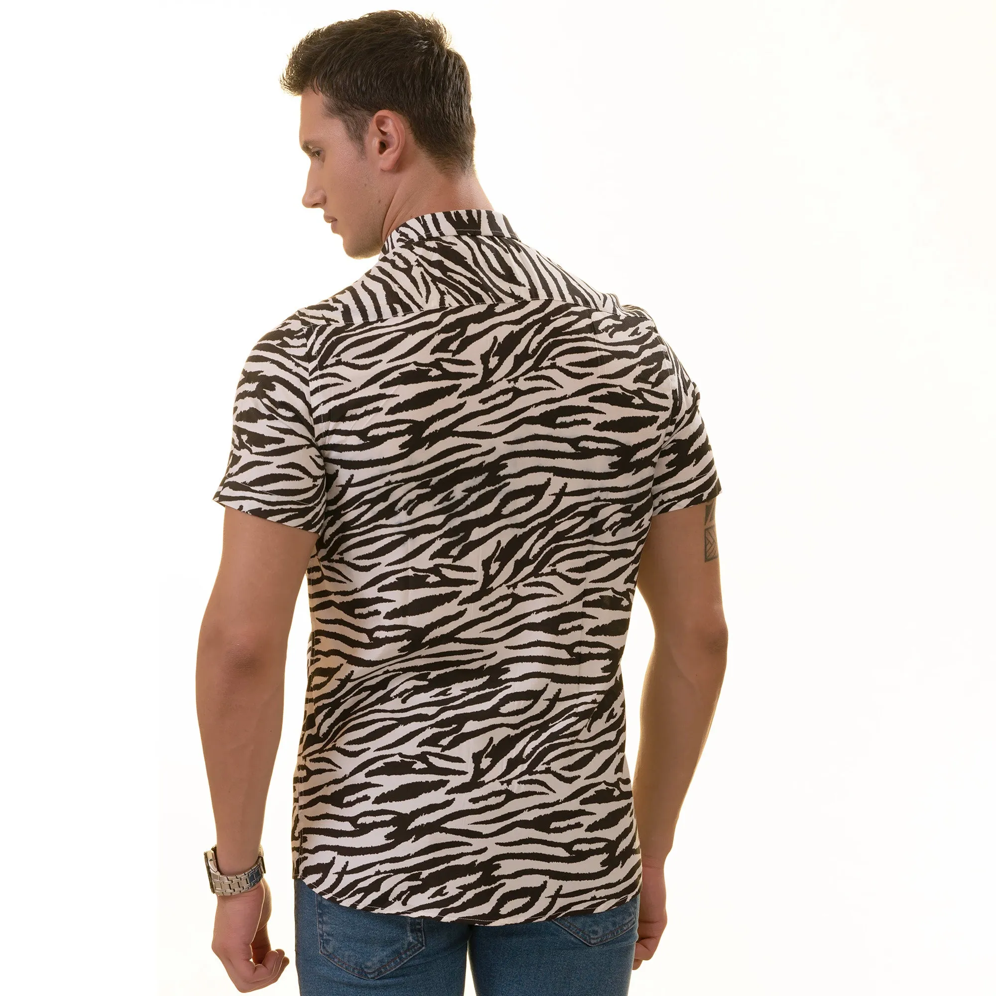 Black & White Zebra Shirt  Designer Paisley  Short Sleeve Button up Shirts - Tailored Slim Fit Cotton Dress Shirts