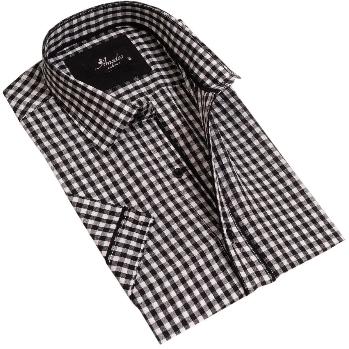 Black and White Mens Short Sleeve Button up Shirts - Tailored Slim Fit Cotton Dress Shirts