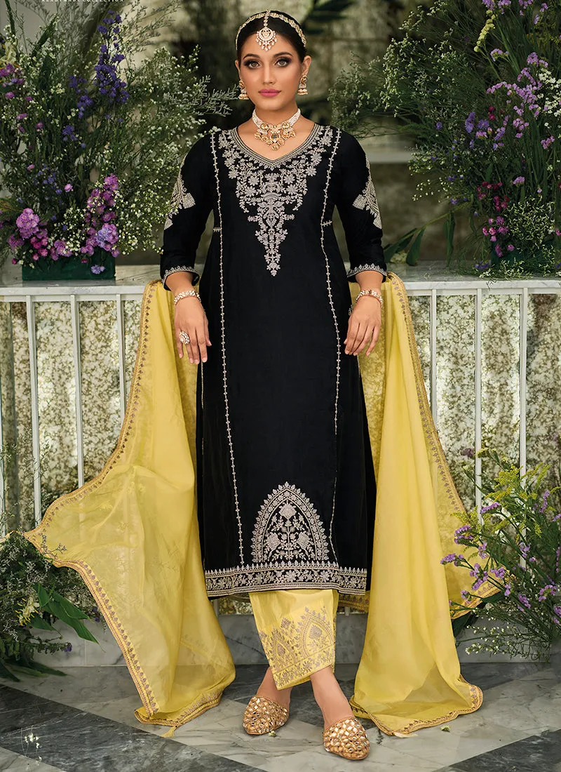 Black And Yellow Embroidery Traditional Salwar Kameez