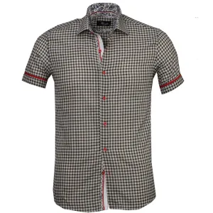 Black Checkered Paisley Mens Short Sleeve Button up Shirts - Tailored Slim Fit Cotton Dress Shirts