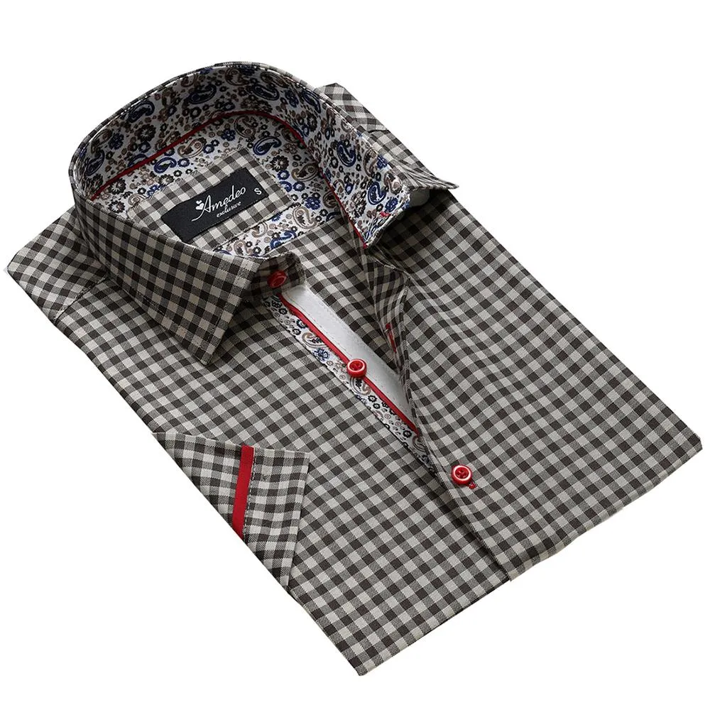Black Checkered Paisley Mens Short Sleeve Button up Shirts - Tailored Slim Fit Cotton Dress Shirts