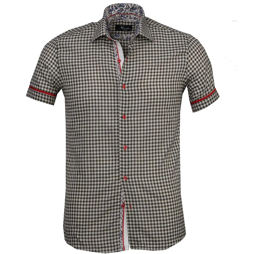 Black Checkered Paisley Mens Short Sleeve Button up Shirts - Tailored Slim Fit Cotton Dress Shirts