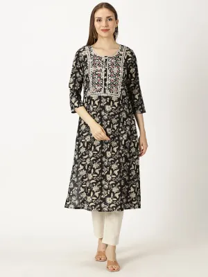 Black Floral Print Kurta with Yoke Embroidery and Mirror Work