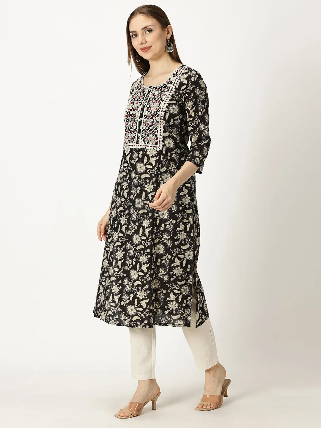 Black Floral Print Kurta with Yoke Embroidery and Mirror Work