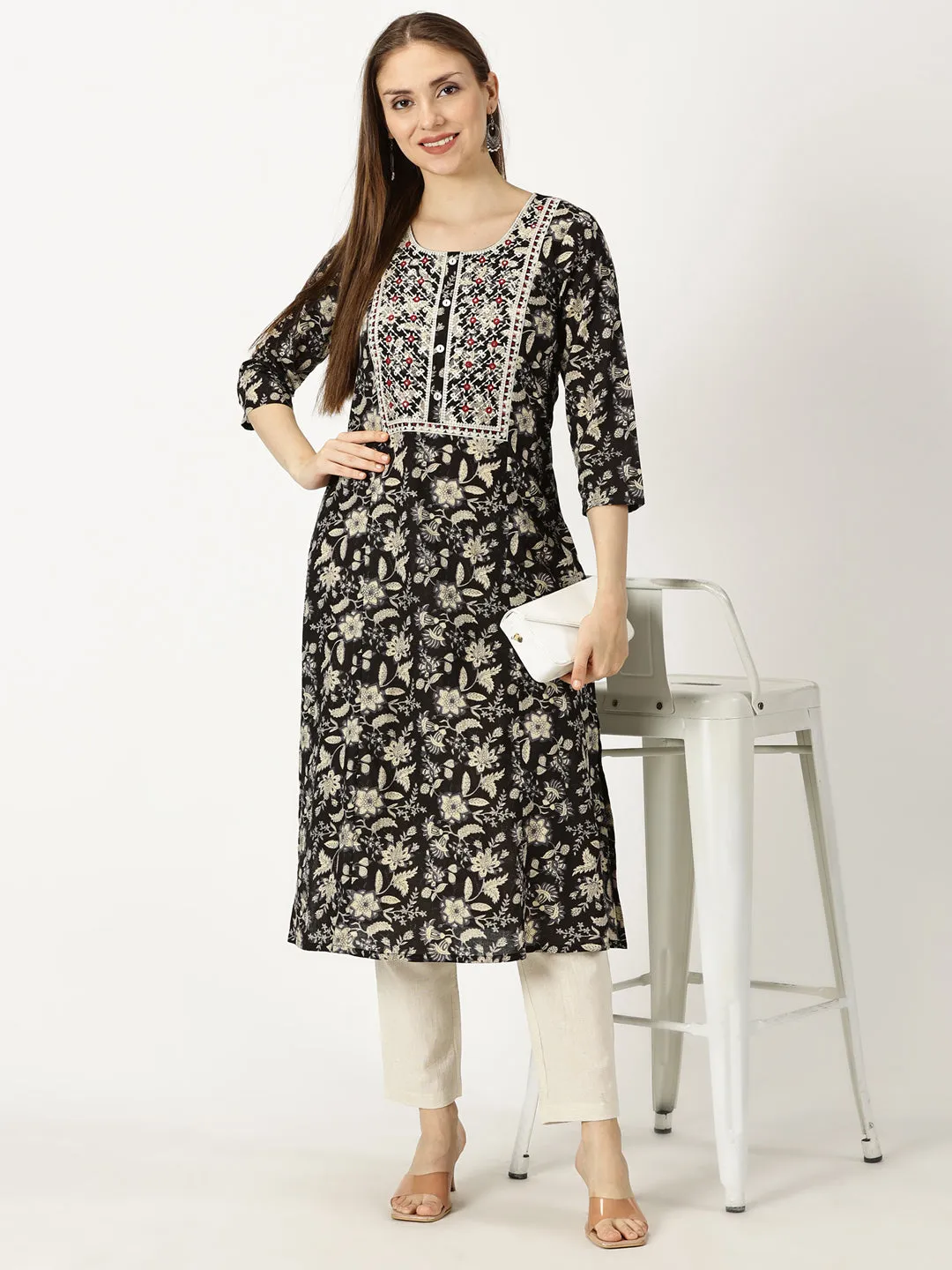 Black Floral Print Kurta with Yoke Embroidery and Mirror Work