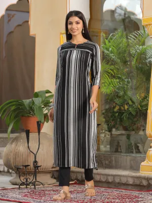 Black Geometric Straight Yarn Dyed Rayon Kurta