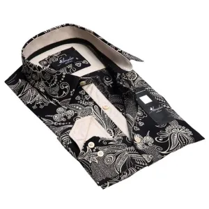 Black Gold Floral Mens Slim Fit Designer Dress Shirt - tailored Cotton Shirts for Work and Casual Wear