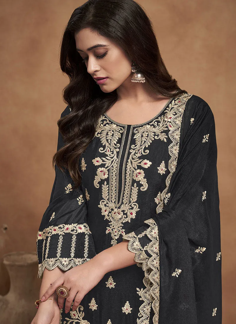 Black Thread Embroidery Palazzo Style Suit