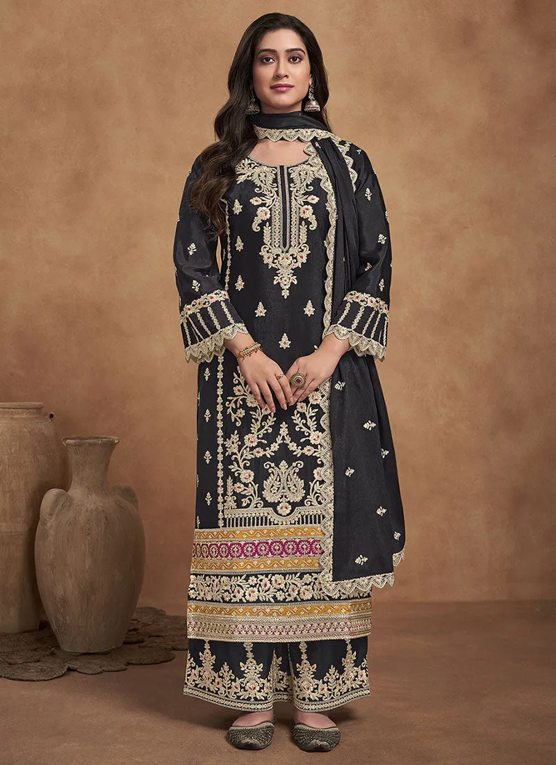 Black Thread Embroidery Palazzo Style Suit