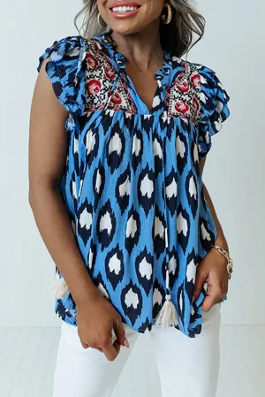 Blue Abstract Print Frilly Ruffle Tie Split Neck Blouse
