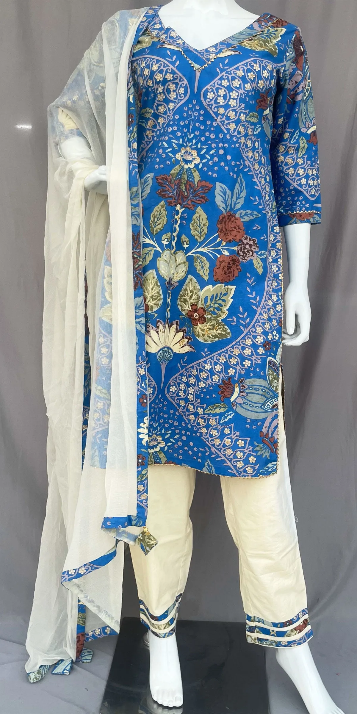 Blue and Cream Pure Cotton Indian Straight Pant Suit