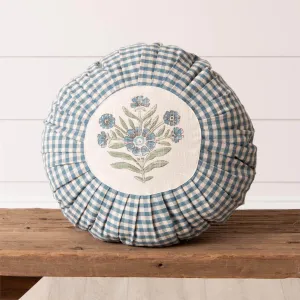 Blue Block Print Round Pleated Pillow