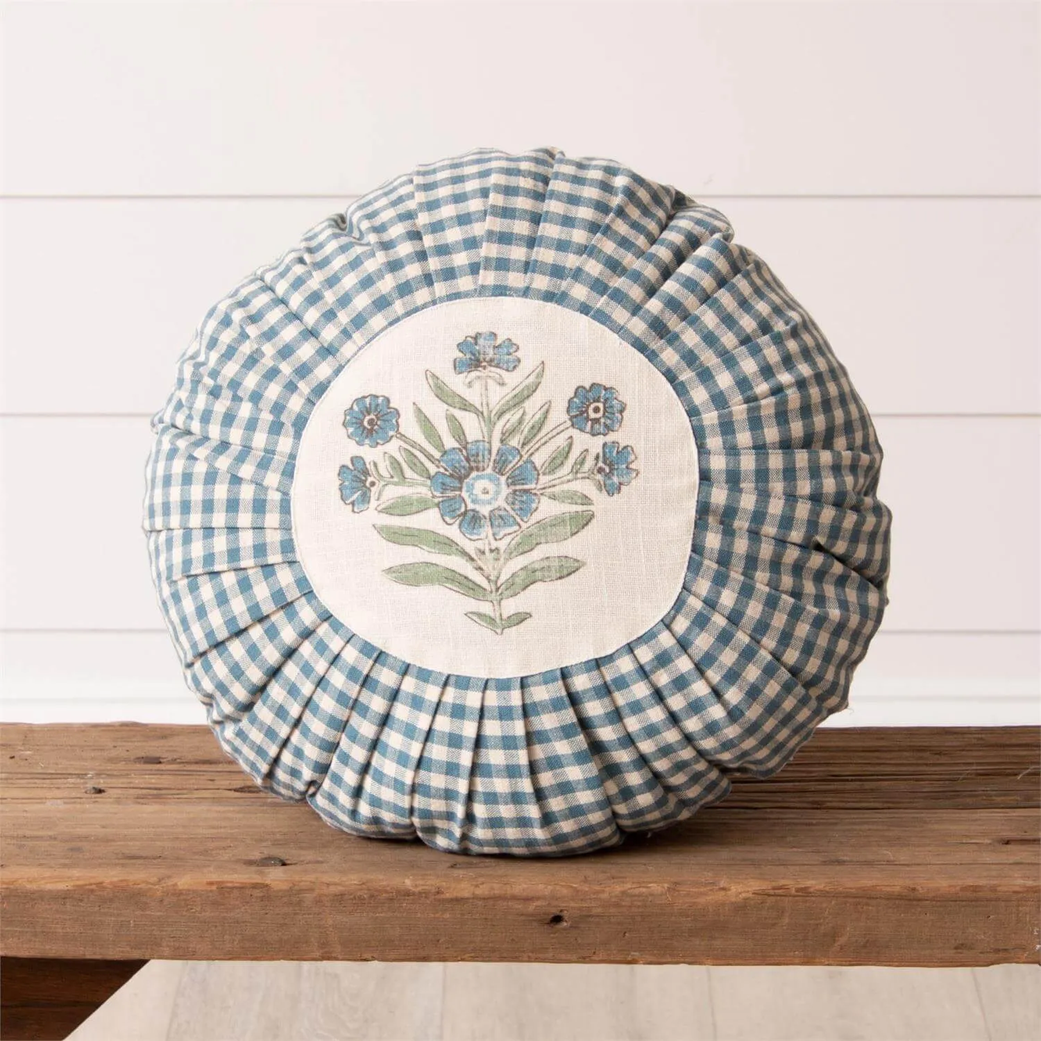 Blue Block Print Round Pleated Pillow