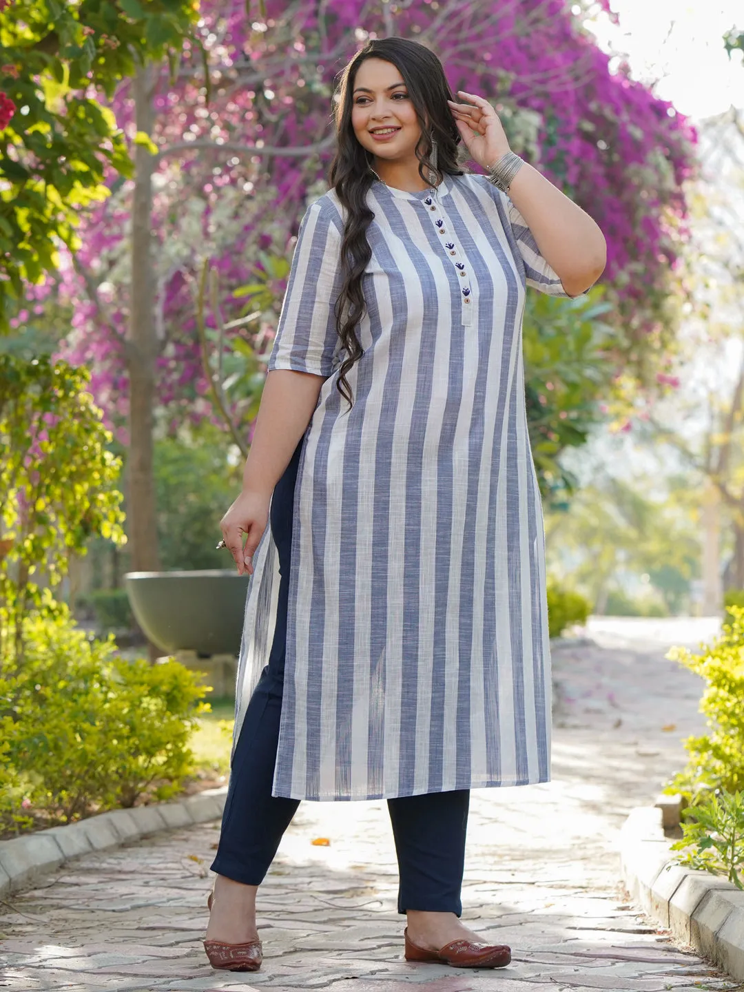 Blue Cotton Yard Dyed Straight Fit Kurta