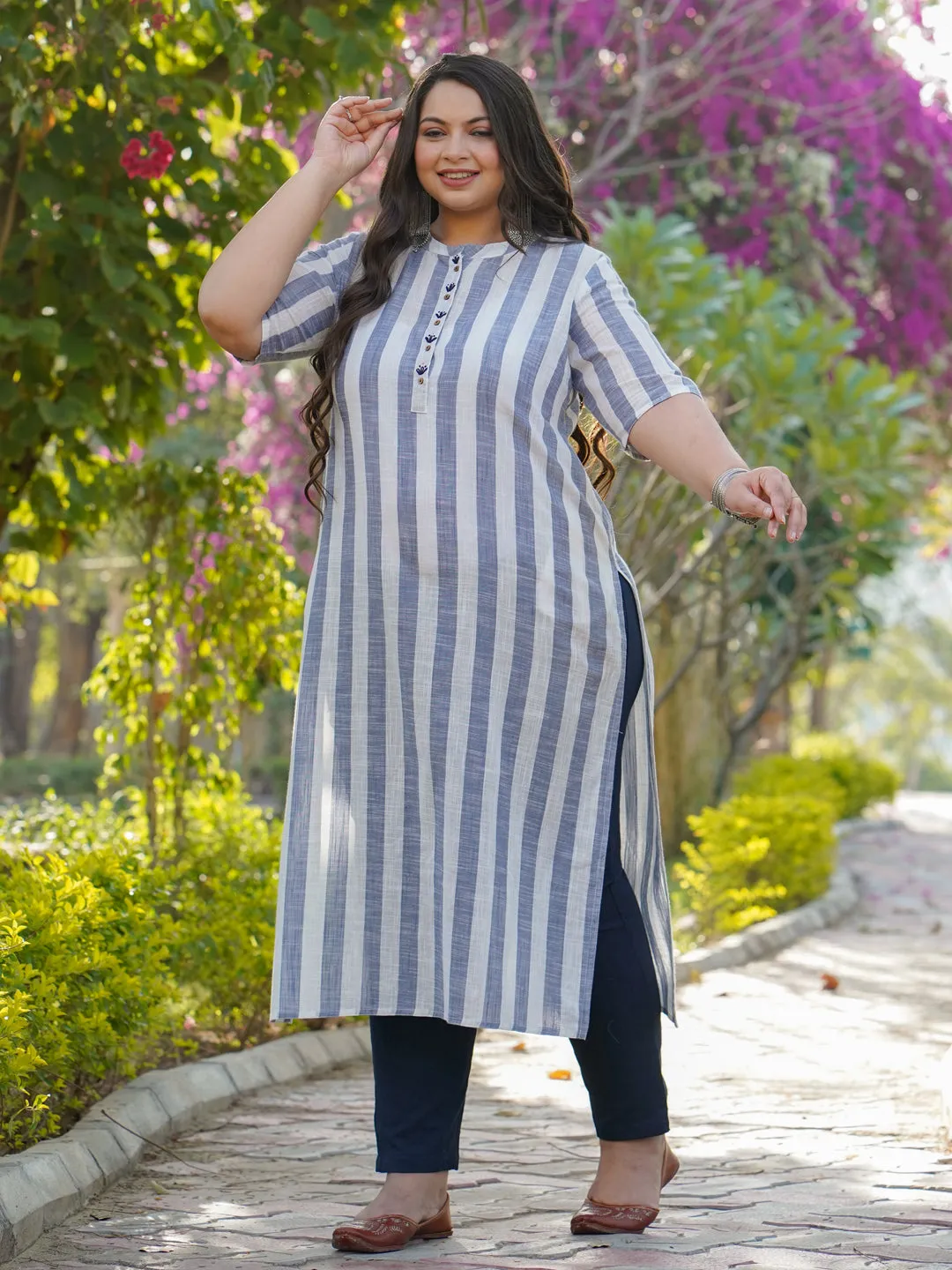 Blue Cotton Yard Dyed Straight Fit Kurta