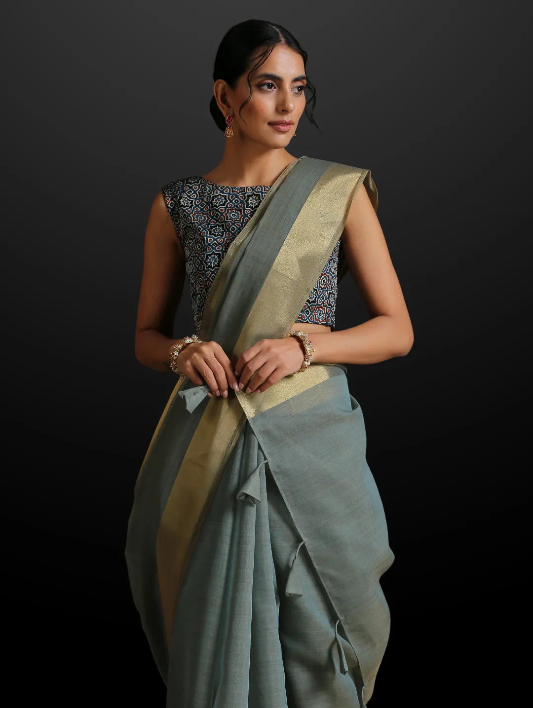 Blue Dusk Dual Shade Cotton Saree with Border and Tassels