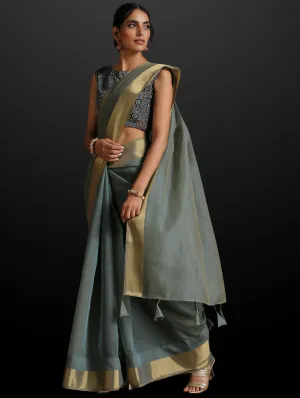 Blue Dusk Dual Shade Cotton Saree with Border and Tassels