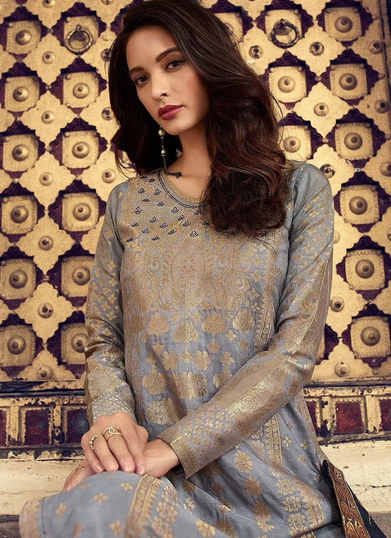 Blue Golden Silk Palazzos Pant Suit