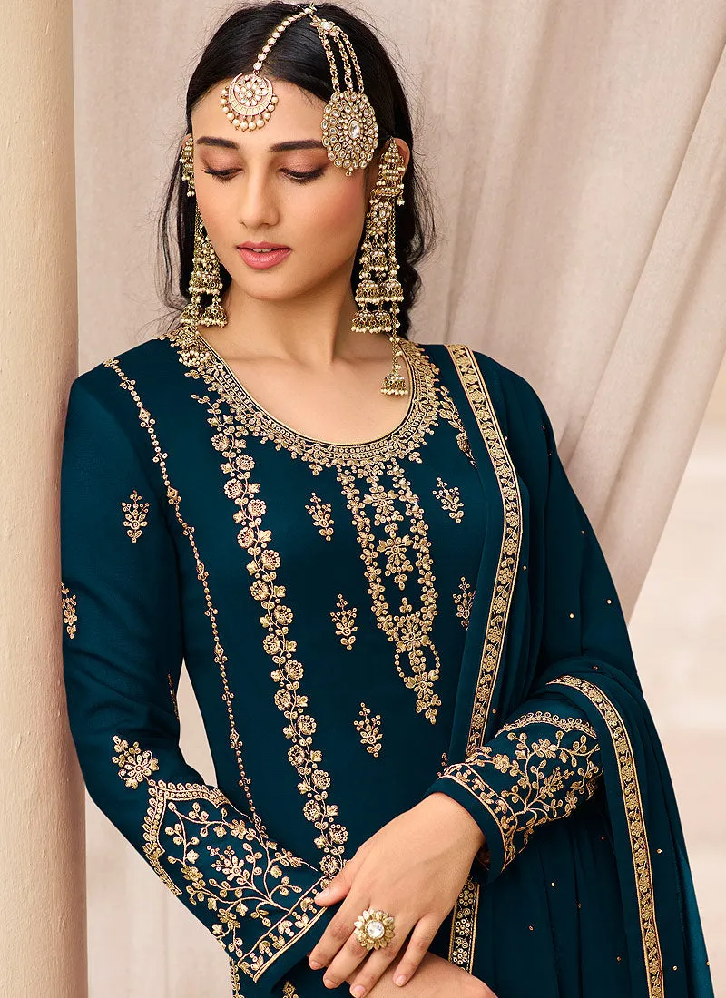 Blue Golden Zari Embroidered Designer Gharara Suit