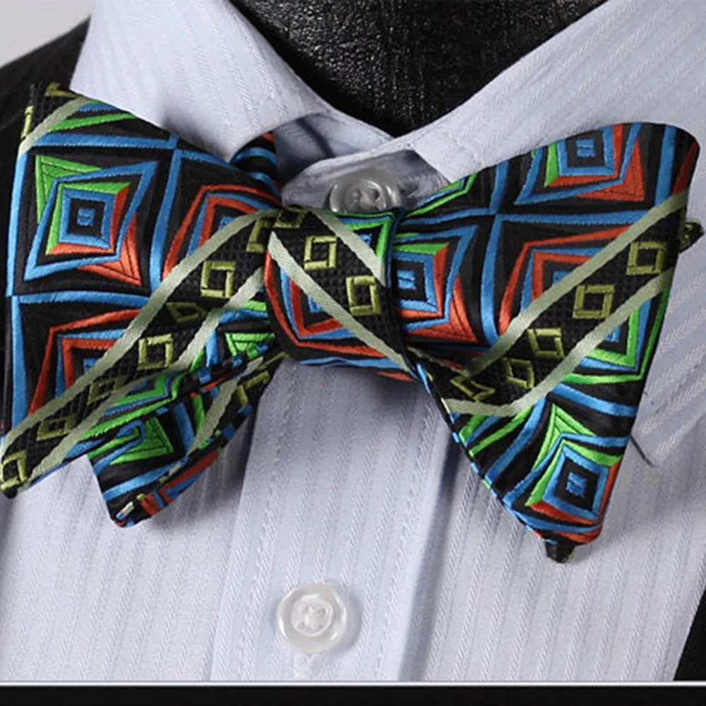 Blue Green Check Mens Silk Self tie Bow Tie with Pocket Squares Set