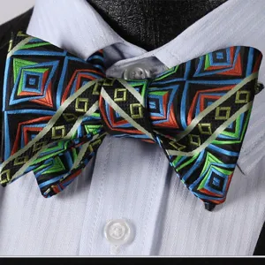 Blue Green Check Mens Silk Self tie Bow Tie with Pocket Squares Set