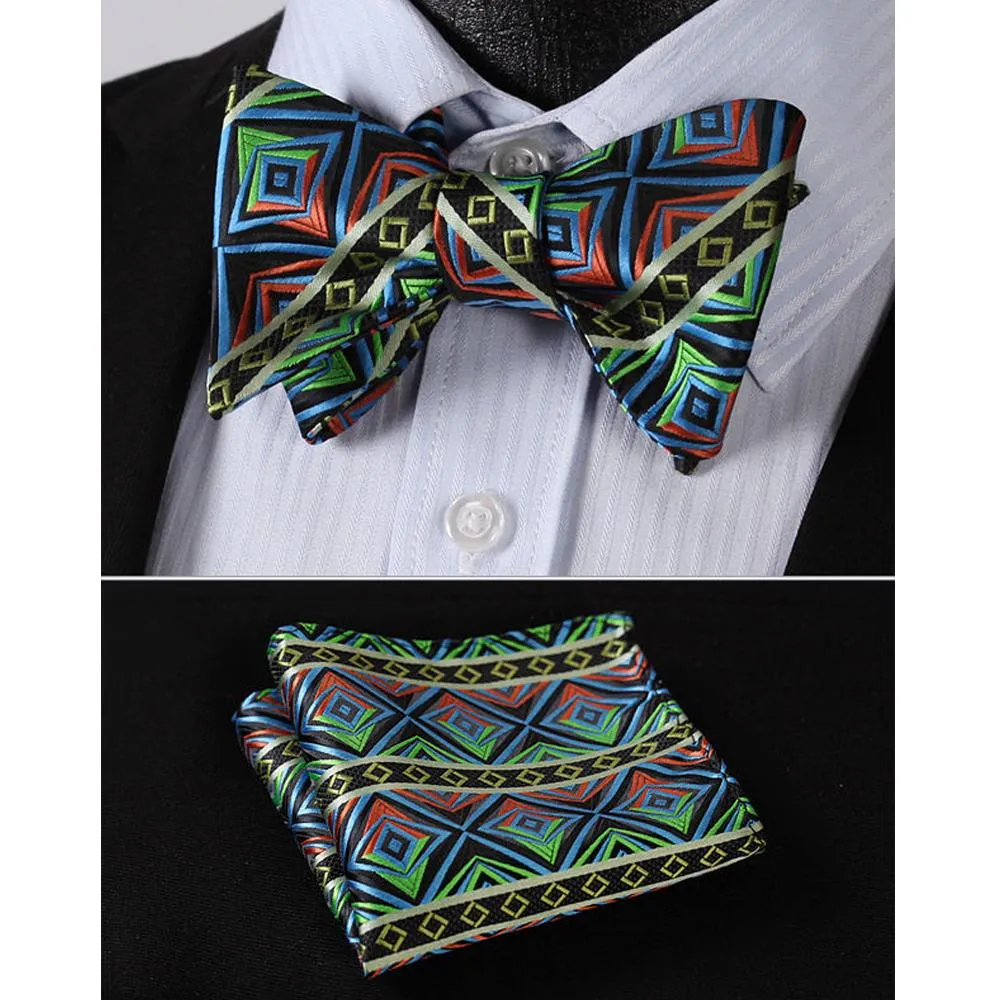 Blue Green Check Mens Silk Self tie Bow Tie with Pocket Squares Set