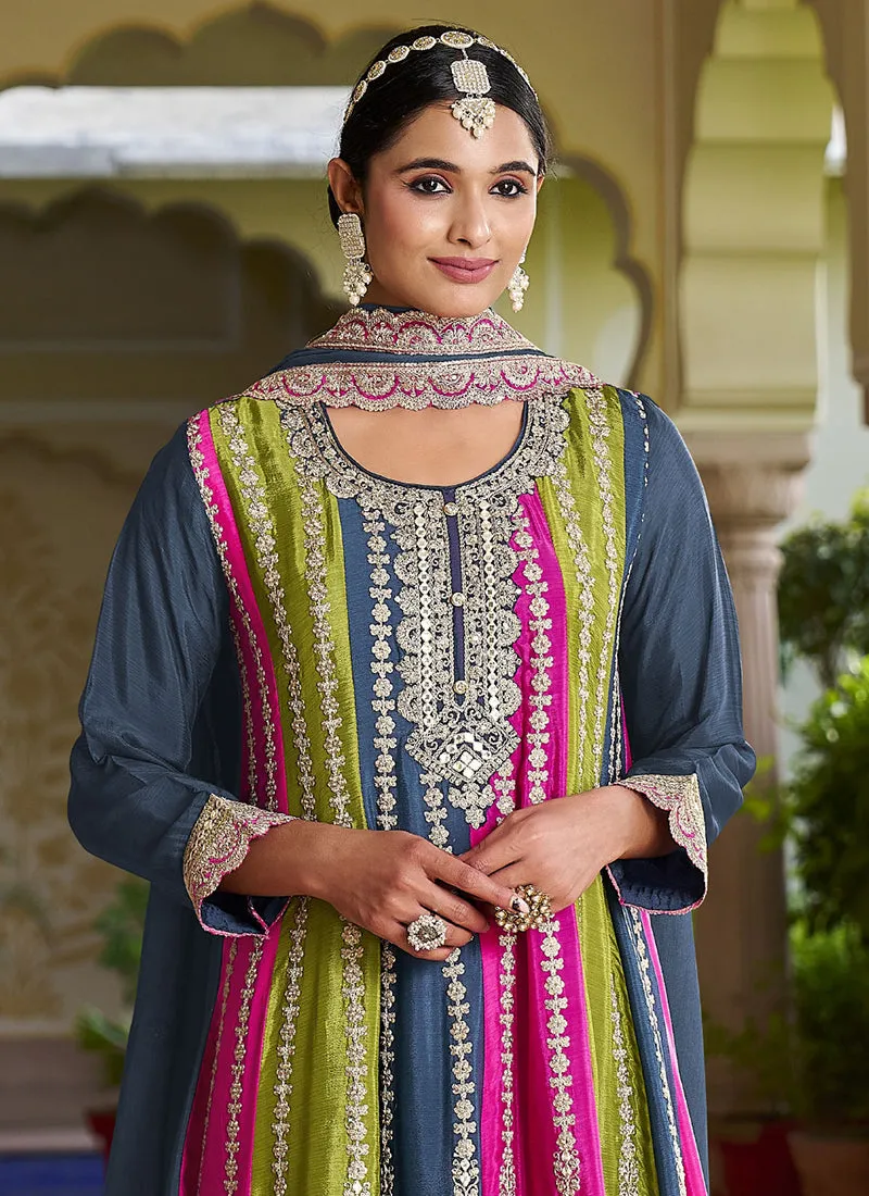 Blue Multi Embroidery Designer Anarkali Dhoti Pant Suit