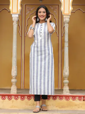 Blue Striped Straight Yarn Dyed Cotton Kurta