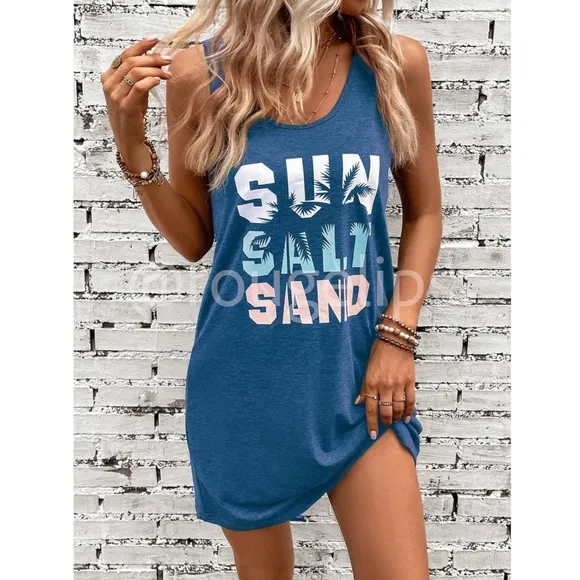 Blue Tank Mini Dress Tropical Graphic Letter Print