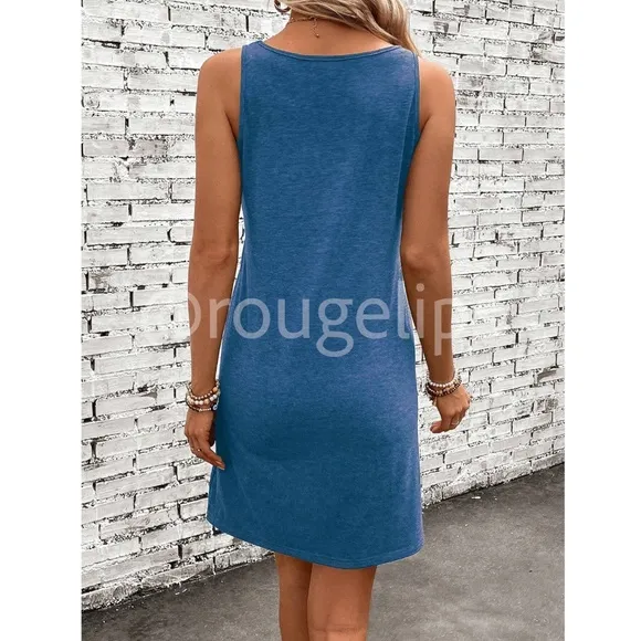 Blue Tank Mini Dress Tropical Graphic Letter Print