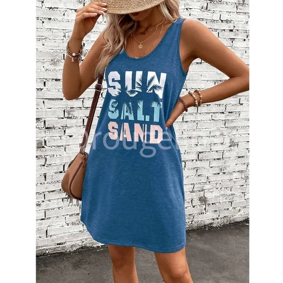 Blue Tank Mini Dress Tropical Graphic Letter Print