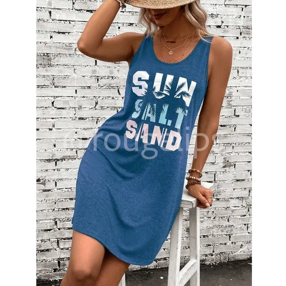 Blue Tank Mini Dress Tropical Graphic Letter Print