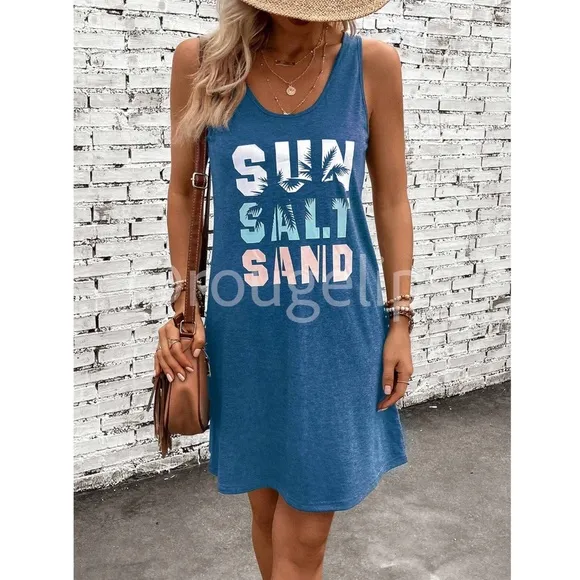 Blue Tank Mini Dress Tropical Graphic Letter Print