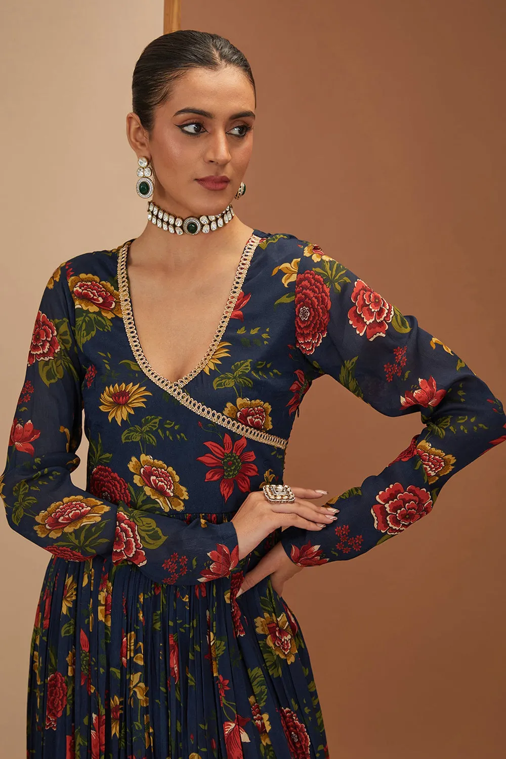 Blue Viscose Chinon Printed And Embroidered Floral Angarkha Anarkali Set For Women