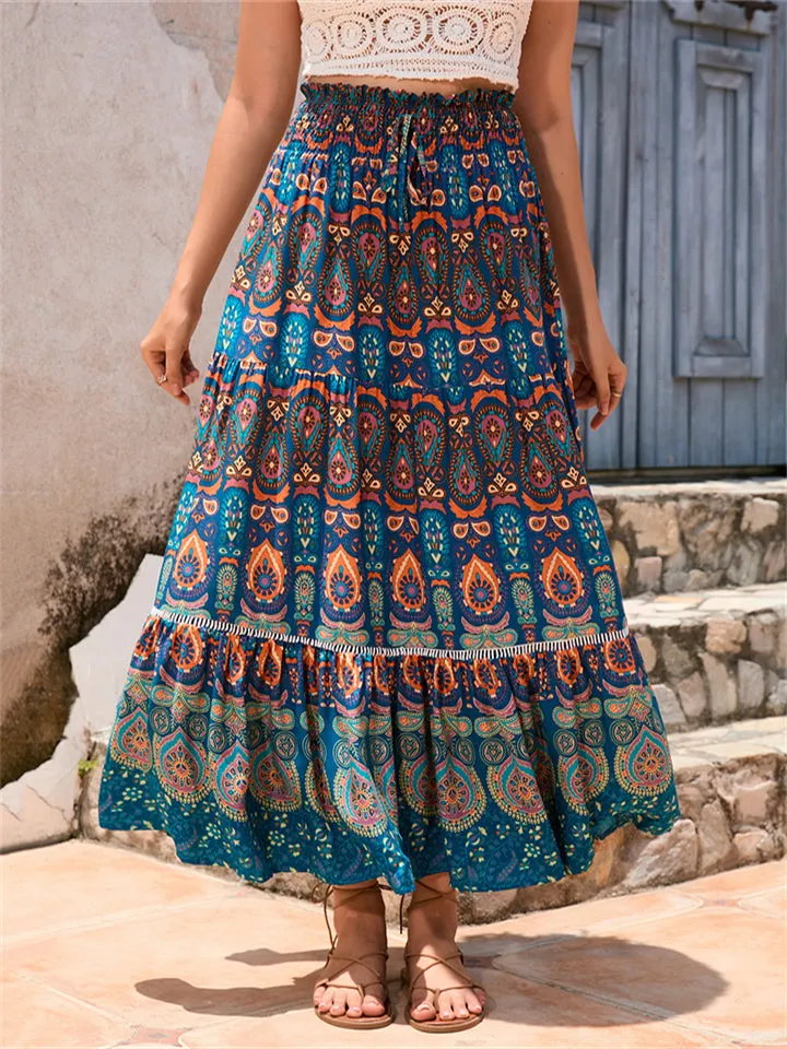 Bohemian Exotic Print Pleated Skirt for Women