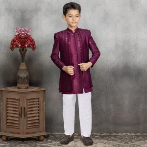 Burgundy Maroon Kurta Suit With Jacket For Boys