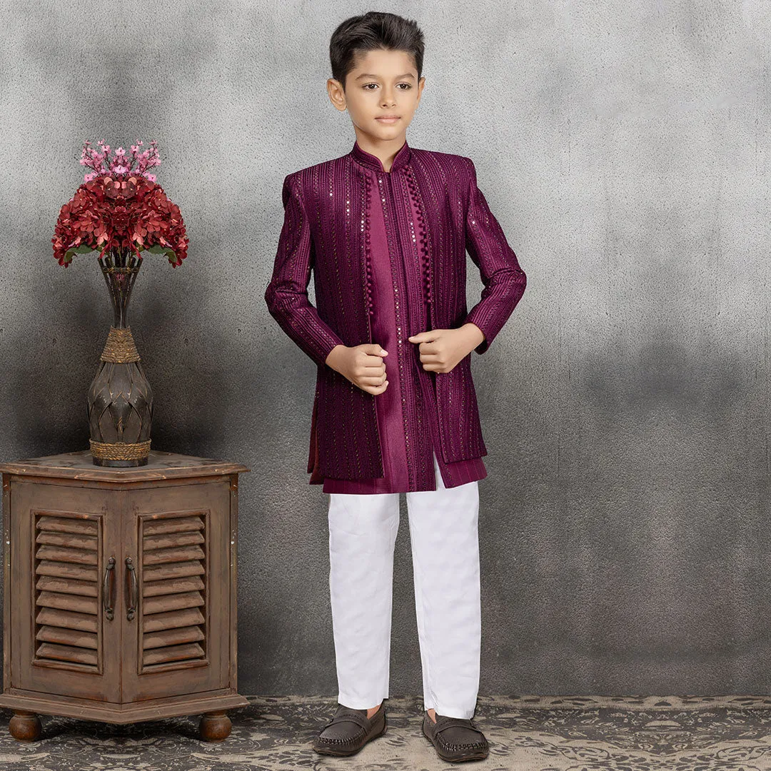 Burgundy Maroon Kurta Suit With Jacket For Boys