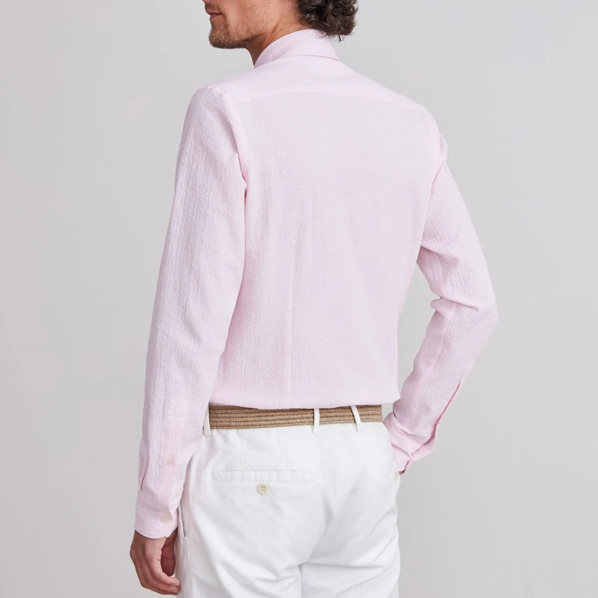 BYRON TEXTURED CRINKLE PIN STRIPE SHIRT - LIGHT PASTEL PINK