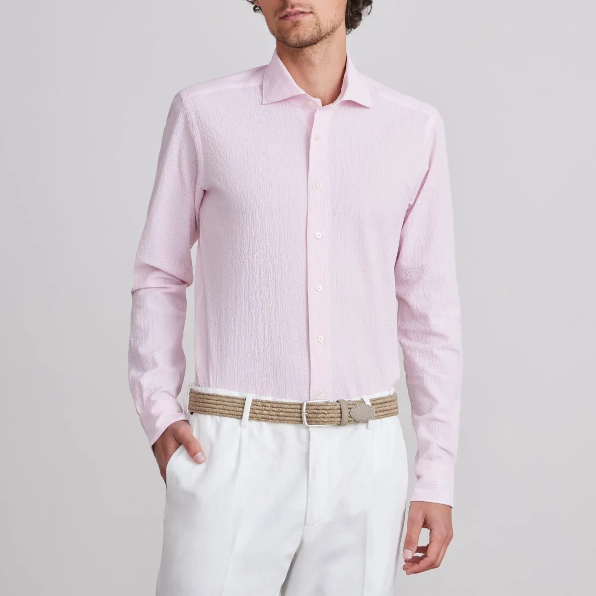 BYRON TEXTURED CRINKLE PIN STRIPE SHIRT - LIGHT PASTEL PINK