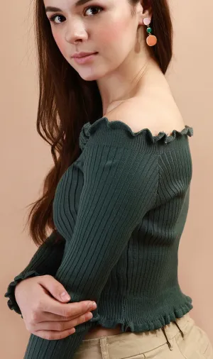 CARRIE Lettuce Ruffle Off-Shoulder Top (Dusty Green)